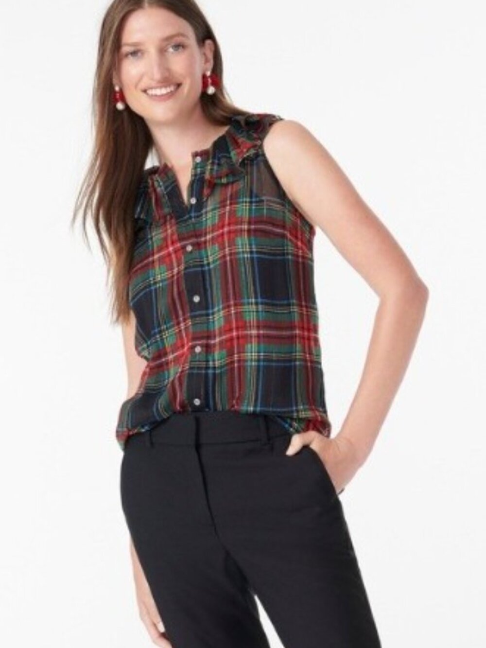 J.Crew Tartan Plaid Ruffle Neck Sleeveless Top Metallic Lurex XXL Black Red